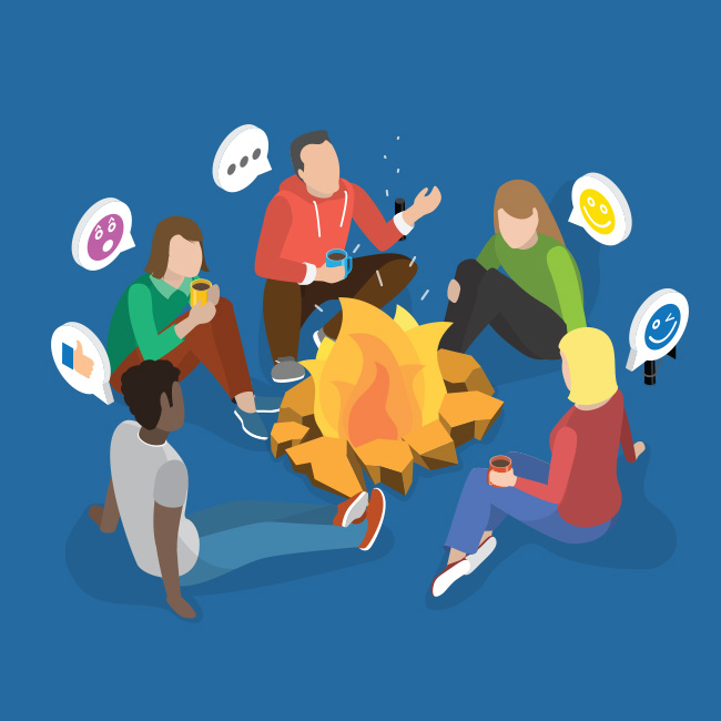 Illustration of people sitting around a campfire conversing