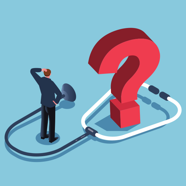 Illustration of confused man standing by a giant stethescope and a question mark