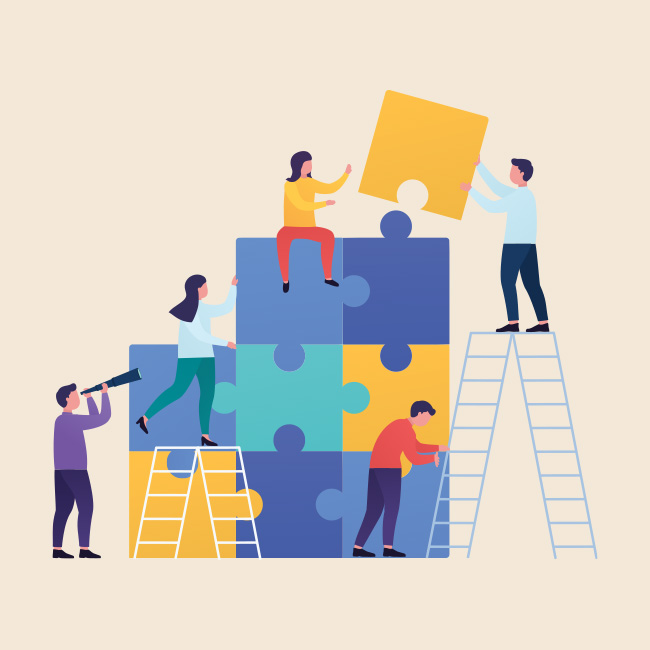 Illustration of people working together to complete a puzzle