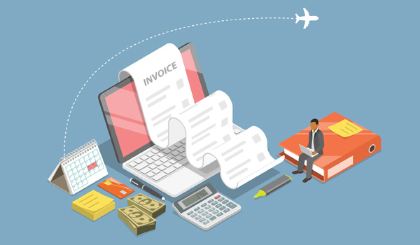 Illustration of a person working on a laptop, an invoice, a plane in the sky